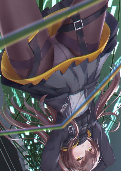 Anime picture 850x1200 with girls frontline ump45 (girls frontline) akabane hibame single long hair tall image looking at viewer fringe light erotic hair between eyes brown hair standing yellow eyes pleated skirt open jacket from below arms behind head upside down girl skirt