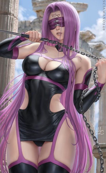 Anime picture 1837x3000 with fate (series) fate/stay night rider sciamano240 single tall image highres breasts light erotic large breasts standing holding signed sky cleavage purple hair cloud (clouds) outdoors very long hair arm up