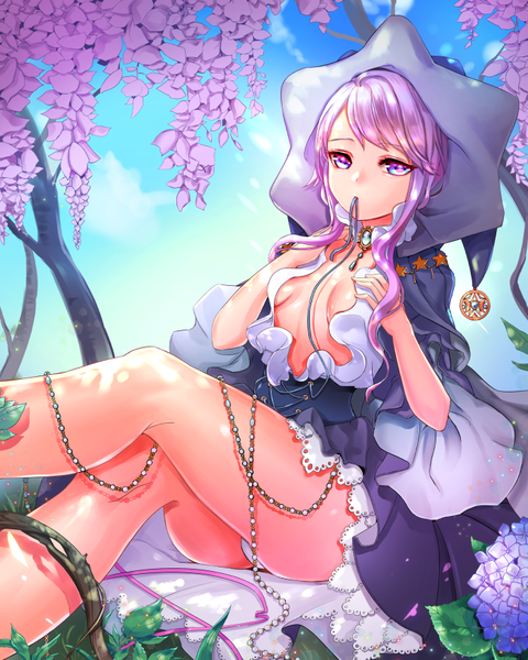 Anime picture 700x875 with original luili single long hair tall image looking at viewer fringe breasts light erotic sitting purple eyes holding sky purple hair cloud (clouds) outdoors pantyshot crossed legs sideboob mouth hold