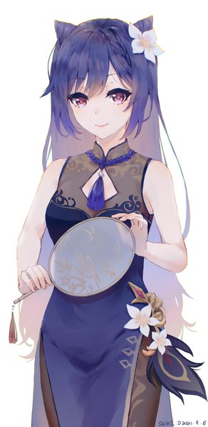 Anime picture 3575x7335 with genshin impact keqing (genshin impact) swkl:d single long hair tall image looking at viewer fringe highres breasts simple background smile white background purple eyes bare shoulders holding absurdres purple hair traditional clothes hair flower