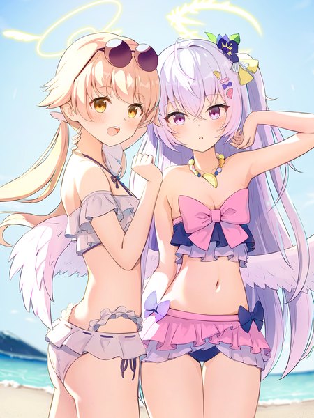 Anime picture 1276x1700 with blue archive hifumi (blue archive) azusa (blue archive) azusa (swimsuit) (blue archive) hifumi (swimsuit) (blue archive) sauvignon long hair tall image looking at viewer blush fringe breasts open mouth light erotic blonde hair hair between eyes standing purple eyes multiple girls yellow eyes