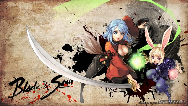 Anime picture 1280x720 with blade & soul lyn (blade & soul) shuen short hair breasts open mouth blue eyes light erotic blonde hair wide image large breasts multiple girls animal ears blue hair tail pink eyes magic flat chest girl weapon