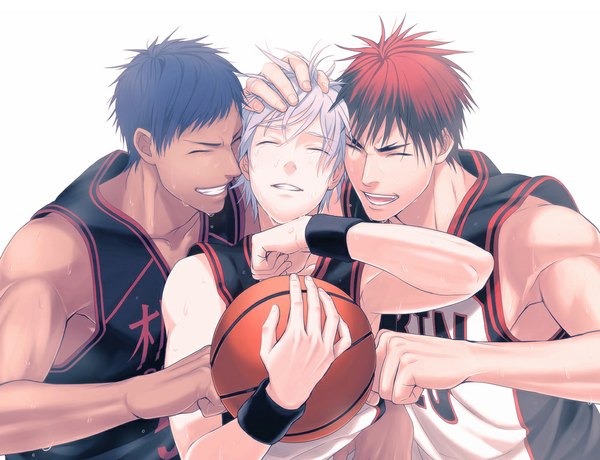 Anime picture 1000x767 with kuroko no basket production i.g kuroko tetsuya aomine daiki kagami taiga ban hana short hair open mouth simple background smile white background blue hair purple hair red hair eyes closed multiple boys sweat hand on head basketball boy