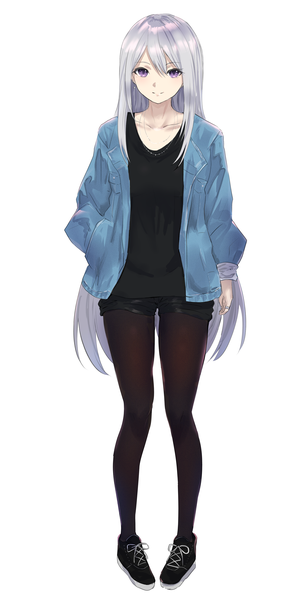 Anime picture 2021x4019 with virtual youtuber nijisanji higuchi kaede misaki nonaka single long hair tall image looking at viewer fringe highres simple background smile hair between eyes standing white background purple eyes payot silver hair full body long sleeves