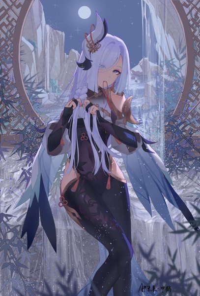 Anime picture 1904x2806 with genshin impact shenhe (genshin impact) ai dongdong single long hair tall image looking at viewer fringe highres blue eyes holding signed payot silver hair braid (braids) parted lips hair over one eye off shoulder night teeth