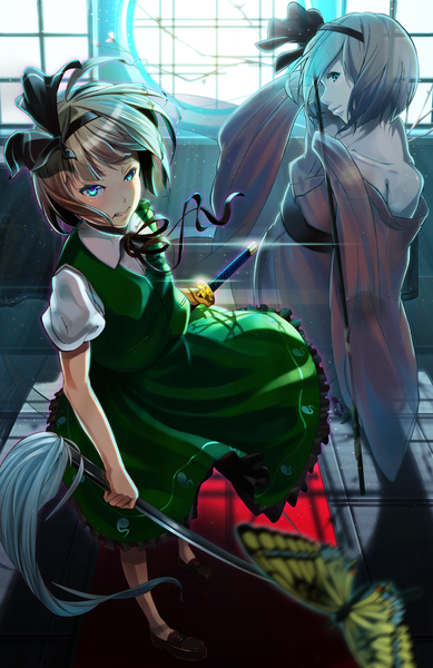 Anime picture 2264x3492 with touhou konpaku youmu fukurou (suga0930) single tall image looking at viewer blush highres short hair blue eyes bare shoulders holding looking away indoors traditional clothes japanese clothes lips grey hair wide sleeves frilly skirt