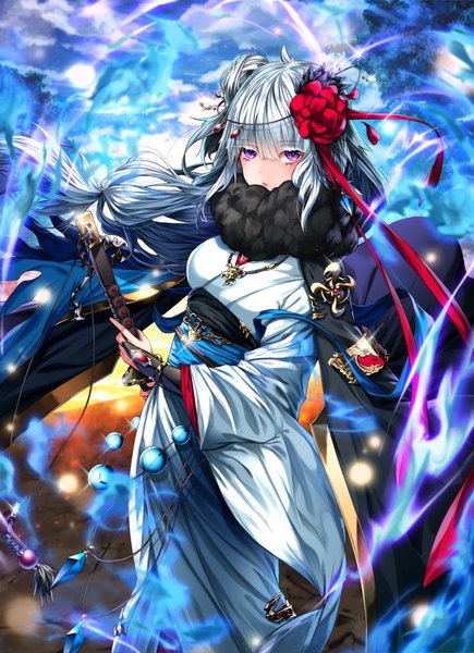 Anime picture 725x1000 with original soya (torga) single long hair tall image looking at viewer fringe hair between eyes purple eyes holding sky cloud (clouds) white hair traditional clothes japanese clothes hair flower wind sunlight sparkle hair bun (hair buns)