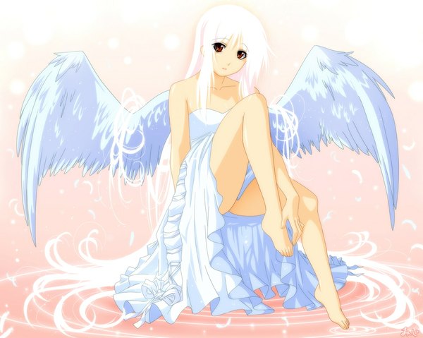 Anime picture 1174x939 with original misato-chan single long hair looking at viewer red eyes sitting signed white hair barefoot angel wings angel girl dress wings