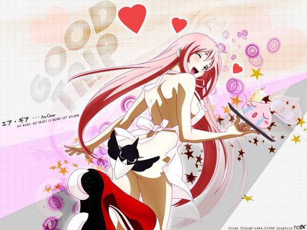 Anime picture 1280x960 with air gear ragnarok online toei animation simca poring honchay single long hair fringe open mouth light erotic smile green eyes pink hair one eye closed looking back wink from behind third-party edit naked apron