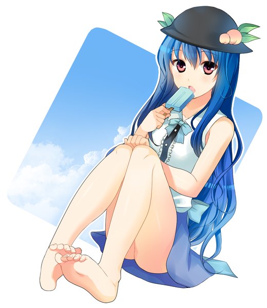 Anime picture 1080x1244 with touhou hinanawi tenshi garigarigari long hair tall image red eyes bare shoulders blue hair barefoot girl hat food sweets ice cream