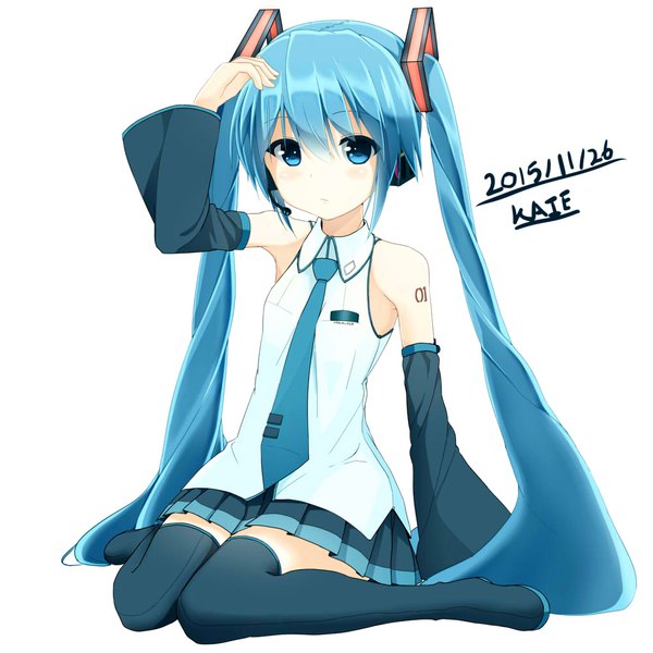 Anime picture 1000x1000 with vocaloid hatsune miku kaie single looking at viewer blush fringe blue eyes simple background hair between eyes white background sitting twintails bare shoulders signed blue hair very long hair pleated skirt wide sleeves arm support