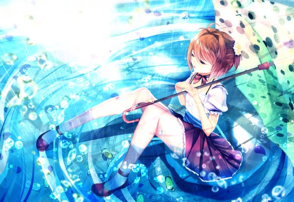 Anime picture 1200x825 with card captor sakura clamp kinomoto sakura modern afro single fringe short hair open mouth hair between eyes brown hair sitting full body ahoge bent knee (knees) eyes closed partially submerged rain hands clasped revision girl