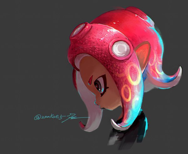 Anime picture 2039x1669 with splatoon splatoon 2 splatoon 2: octo expansion nintendo octoling hscatter single highres short hair simple background signed pink hair profile pointy ears grey background grey eyes twitter username portrait monster girl tentacle hair