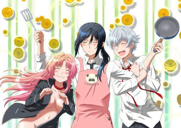 Anime picture 1200x848 with k-project pixiv gohands (studio) neko (k project) yashiro isana yatogami kuroh kiropin (artist) long hair blush short hair light erotic black hair smile pink hair white hair ponytail eyes closed multiple boys happy girl