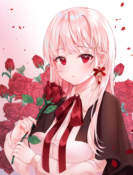 Anime picture 1500x1971 with original reel (riru) single long hair tall image looking at viewer blush fringe breasts red eyes large breasts white background holding pink hair upper body long sleeves nail polish parted lips sparkle floral background