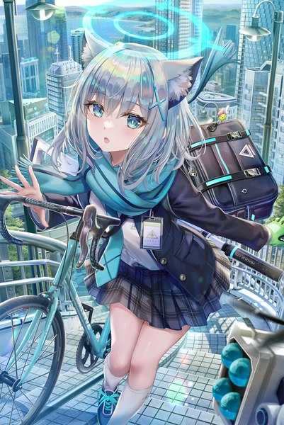 Anime picture 1200x1795 with blue archive shiroko (blue archive) torino aqua single tall image looking at viewer fringe short hair open mouth blue eyes hair between eyes standing animal ears silver hair outdoors long sleeves blurry open clothes :o leaning