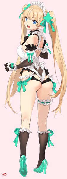 Anime picture 1000x2652 with expelled from paradise angela balzac yd (orange maru) single tall image looking at viewer blush fringe breasts open mouth blue eyes light erotic simple background blonde hair hair between eyes twintails signed ass very long hair looking back
