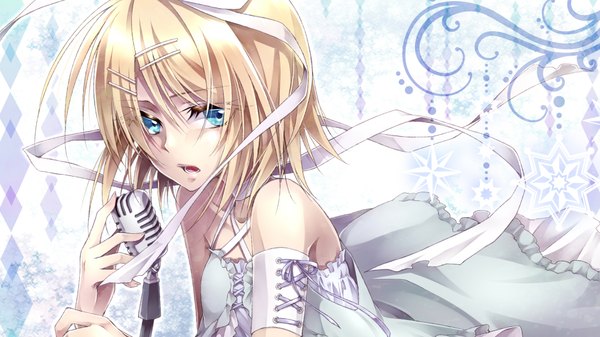 Anime picture 1920x1080 with vocaloid kagamine rin ueno tsuki single looking at viewer highres short hair open mouth blue eyes blonde hair wide image bare shoulders girl dress hair ornament ribbon (ribbons) hair ribbon hairclip microphone microphone stand