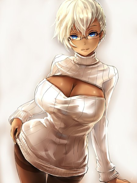 Anime picture 826x1106 with original gin ji single tall image looking at viewer fringe short hair breasts blue eyes light erotic large breasts standing white hair grey background no bra hand on hip dark skin skirt lift girl dress