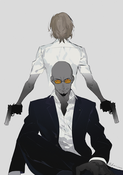 Anime picture 1000x1415 with persona 5 persona akechi gorou shidou masayoshi kaninnvven tall image looking at viewer short hair simple background brown hair sitting holding grey background multiple boys orange eyes crossed legs dual wielding bald >:) boy