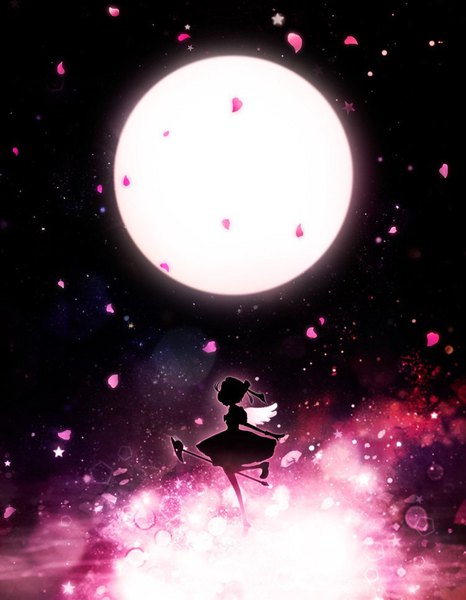 Anime picture 750x965 with card captor sakura clamp kinomoto sakura harada miyuki single tall image standing night sparkle night sky standing on one leg leg lift (legs lift) angel wings silhouette girl dress gloves petals wings star (symbol)