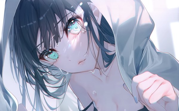 Anime picture 3008x1871 with original miwano rag single long hair looking at viewer fringe highres breasts black hair wide image cleavage upper body nail polish aqua eyes blurry scan mole wet mole under eye strap slip