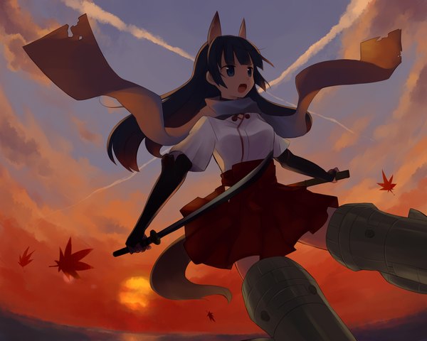 Anime picture 1920x1536 with strike witches anabuki tomoko kinosaki (green patio) single long hair highres open mouth blue eyes black hair animal ears cloud (clouds) animal tail girl weapon sword scarf katana leaf (leaves) gauntlets
