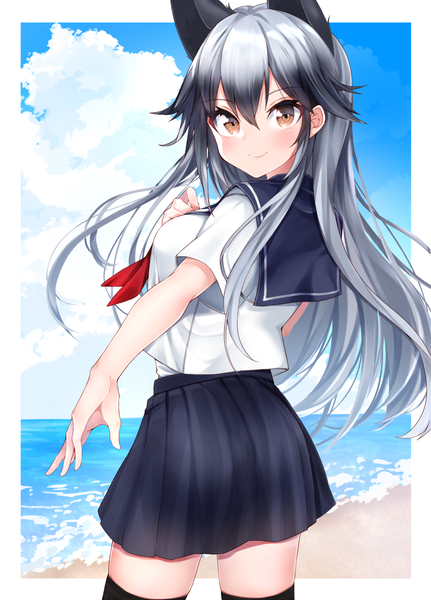 Anime picture 1323x1840 with kemono friends silver fox (kemono friends) kinou no shika single long hair tall image looking at viewer blush fringe hair between eyes brown eyes animal ears cloud (clouds) pleated skirt looking back light smile grey hair alternate costume hand on chest horizon