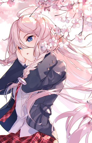 Anime picture 1200x1866 with vocaloid ia (vocaloid) bison cangshu single long hair tall image fringe open mouth blue eyes hair between eyes standing looking away pink hair ahoge braid (braids) long sleeves wind open clothes twin braids cherry blossoms