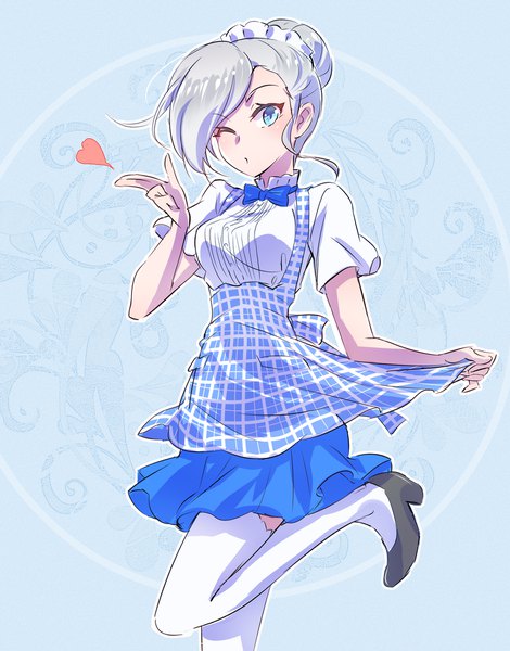 Anime picture 1568x2000 with rwby rooster teeth kobeya winter schnee iesupa single tall image looking at viewer fringe short hair blue eyes simple background silver hair bent knee (knees) one eye closed wink high heels blue background waitress outline