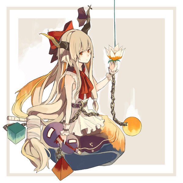 Anime picture 1300x1300 with touhou ibuki suika emuke (masatusaboten) single blonde hair red eyes bare shoulders very long hair horn (horns) girl hair ornament flower (flowers) bow hair bow chain