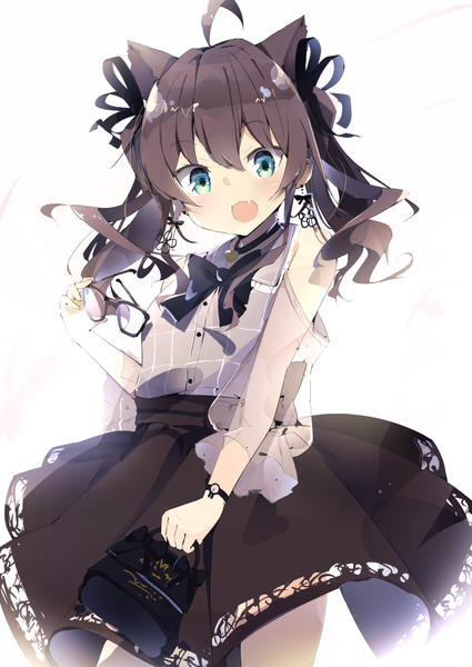 Anime picture 688x972 with virtual youtuber hololive natsuiro matsuri natsuiro matsuri (5th costume) nekopote single long hair tall image looking at viewer fringe open mouth black hair hair between eyes twintails bare shoulders animal ears ahoge :d aqua eyes cat ears