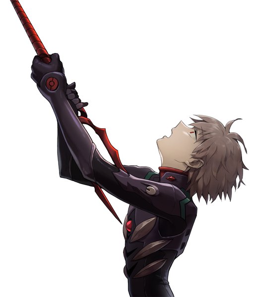 Anime picture 1000x1157 with neon genesis evangelion gainax nagisa kaworu sinkobo single tall image fringe short hair open mouth simple background hair between eyes red eyes white background holding upper body head tilt profile grey hair looking up suicide