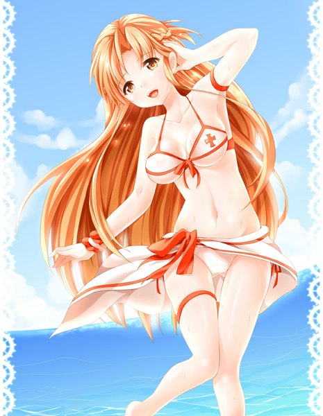 Anime picture 800x1032 with sword art online a-1 pictures yuuki asuna s-ram single long hair tall image looking at viewer breasts open mouth light erotic sky cloud (clouds) orange hair midriff orange eyes girl navel swimsuit bikini