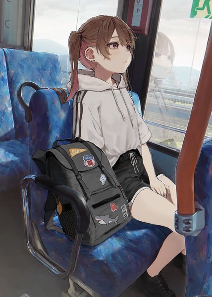 Anime picture 2496x3497 with original daluto (hitomi555) single long hair tall image highres brown hair sitting twintails looking away pink eyes multicolored hair piercing ear piercing reflection colored inner hair bus interior girl shorts hood