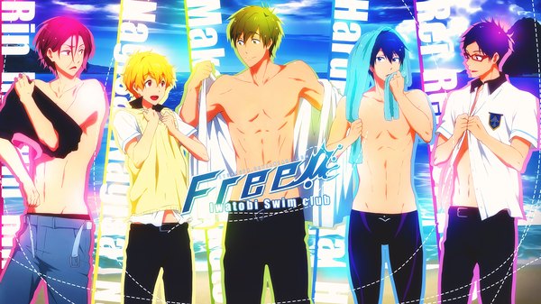 Anime picture 1920x1080 with free! kyoto animation matsuoka rin nanase haruka (free!) tachibana makoto hazuki nagisa ryugazaki rei eysaa hado maiko fringe highres short hair open mouth blue eyes light erotic blonde hair hair between eyes brown hair wide image purple eyes