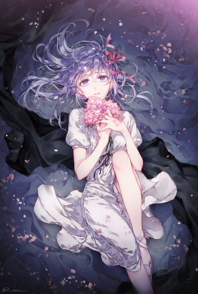 Anime-Bild 930x1382 mit fate (series) fate/stay night matou sakura sueun single long hair tall image looking at viewer purple eyes holding signed purple hair bent knee (knees) lying on back puffy sleeves girl dress flower (flowers) ribbon (ribbons)