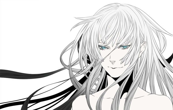Anime picture 1200x762 with jormungand white fox koko hekmatyar npn single long hair looking at viewer blue eyes simple background white background bare shoulders white hair light smile topless girl