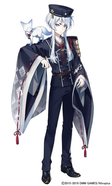 Anime-Bild 1050x1750 mit touken ranbu nitroplus hakusan yoshimitsu hakusan yoshimitsu's fox nekokan masshigura single tall image looking at viewer short hair blue eyes standing white background payot silver hair full body wide sleeves official art military animal on shoulder boy