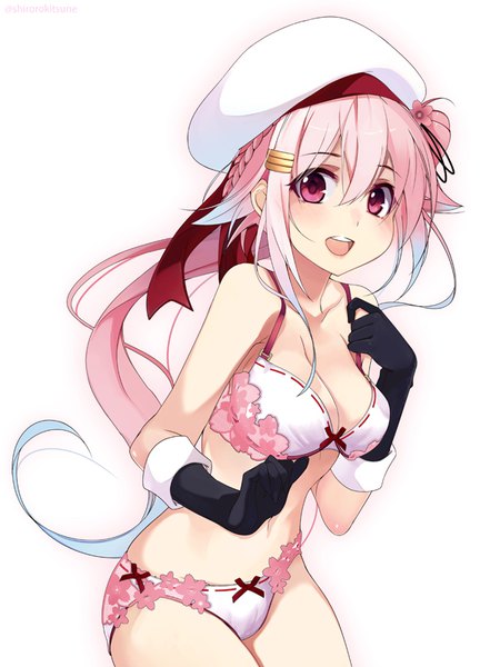 Anime picture 600x800 with kantai collection harusame destroyer shirokitsune single long hair tall image looking at viewer fringe open mouth light erotic simple background smile hair between eyes white background signed pink hair :d pink eyes underwear only twitter username
