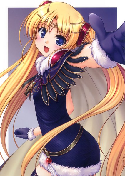 Anime picture 2056x2902 with aiyoku no eustia licia de novus yurii bekkankou single long hair tall image looking at viewer highres open mouth blue eyes blonde hair :d outstretched arm border outside border girl gloves