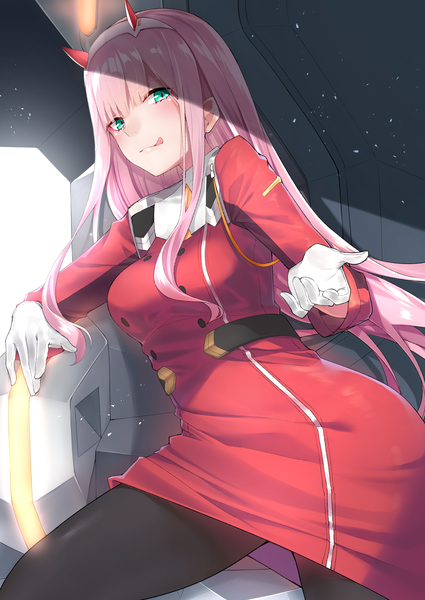 Anime picture 2508x3541 with darling in the franxx studio trigger zero two (darling in the franxx) go-1 single long hair tall image looking at viewer fringe highres breasts smile green eyes pink hair blunt bangs long sleeves horn (horns) outstretched hand girl dress