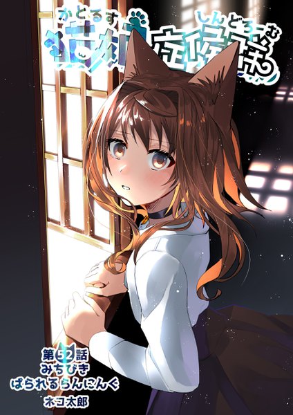 Anime picture 1771x2508 with catulus syndrome maron-chan (catulus syndrome) shinonome neko-tarou single long hair tall image looking at viewer blush fringe highres brown hair standing brown eyes animal ears indoors parted lips cat ears text girl choker