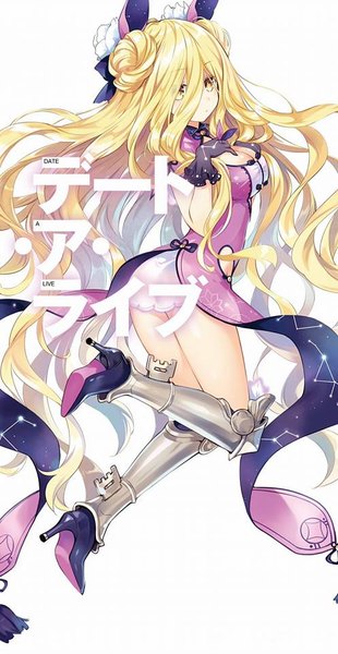 Anime picture 497x960 with date a live hoshimiya mukuro tsunako single tall image looking at viewer blush fringe breasts light erotic blonde hair hair between eyes white background yellow eyes cleavage bent knee (knees) very long hair looking back hair flower open clothes
