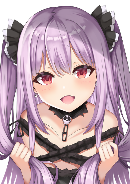 Anime picture 1000x1414 with virtual youtuber hololive uruha rushia uruha rushia (3rd costume) menmen (ijnwfpaihpufxox) single long hair tall image looking at viewer blush fringe open mouth smile hair between eyes red eyes bare shoulders purple hair upper body :d fang (fangs)