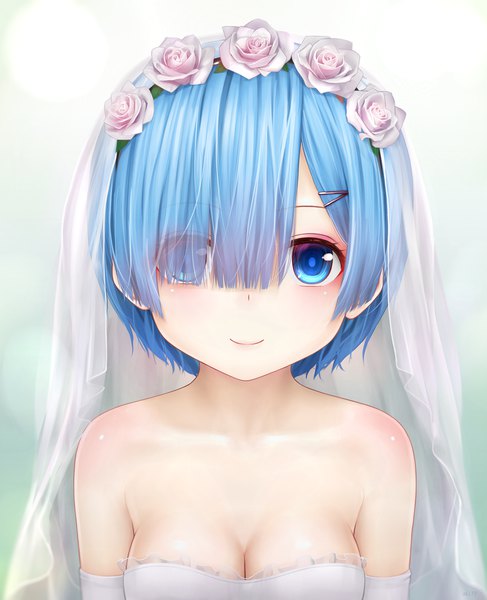 Anime picture 1623x2000 with re:zero kara hajimeru isekai seikatsu white fox rem (re:zero) aki99 single tall image looking at viewer fringe short hair breasts blue eyes bare shoulders blue hair hair over one eye girl dress flower (flowers) wedding dress