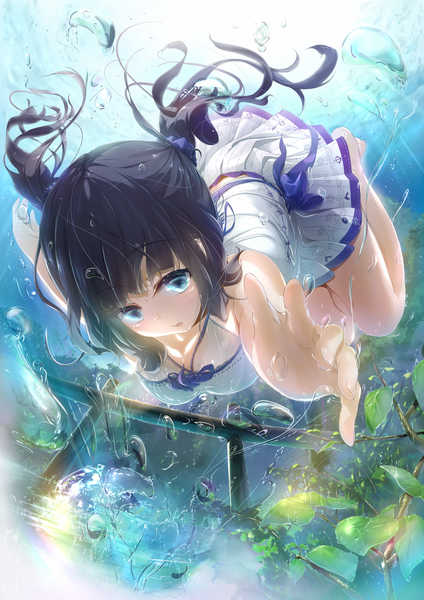 Anime picture 950x1343 with original wingheart single long hair tall image looking at viewer blush open mouth light erotic black hair twintails cleavage barefoot aqua eyes wet outstretched arm underwater diving girl dress