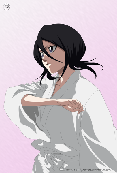 Anime picture 1500x2215 with bleach studio pierrot kuchiki rukia akira-12 single tall image short hair black hair simple background purple eyes signed japanese clothes coloring pink background girl yukata