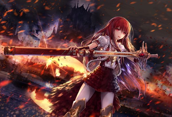 Anime picture 1468x1000 with original jname single long hair looking at viewer red eyes red hair wind sunlight fantasy unsheathing girl dress skirt gloves weapon sword water boots fingerless gloves