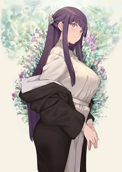 Anime picture 2000x2828 with sousou no frieren fern (sousou no frieren) tokopi single long hair tall image looking at viewer fringe highres breasts large breasts standing purple eyes purple hair blunt bangs half updo floral background girl dress white dress
